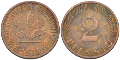 ФРГ 2 ПФЕННИГА 1975 F KM 106а, J. 381а сталь плакированная сталь плакированная медьюю 4181-815