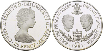 Гернси 25 пенсов 1981 свадьба принца Чарльза Уэльского и леди Дианы, в оригинальной коробке KM 36 а серебро PROOF 6-5-3-29