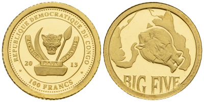 Конго 100 франков 2013 серия большая пятерка, носорог золото PROOF 00-804-31