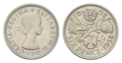 Великобритания 6 пенсов 1958 Елизавета II (1952-2022) KM 903, Spink 4149 медно-никель 4651-1157