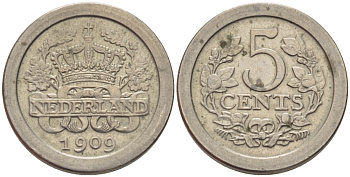 НИДЕРЛАНДЫ 5 ЦЕНТОВ 1909 KM 137 медно-никель aUNC 66-1215