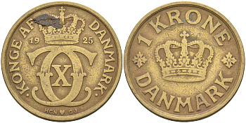 ДАНИЯ 1 КРОНА 1925 HCN; GJ, КРИСТИАН X (1912-1947) KM 824.1 алюминиевая бронза 63-1033