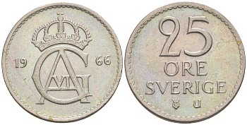Швеция 25 эре 1966 Густав VI Адольф (1950-1973) KM 836 медно-никель UNC 187-836