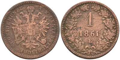 Австрия 1 крейцер 1861 Е, Франц Иосиф I (1848-1916) KM 2186 медь 4585-129