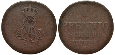 Ганновер 1 пфенниг 1838 B, Эрнст Август (1837-1851) KM 176, AKS 127, J. 53 медь 75-456