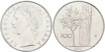 ИТАЛИЯ 100 ЛИР 1974 R, АФИНА KM 96.1 нержавеющая сталь 63-1336