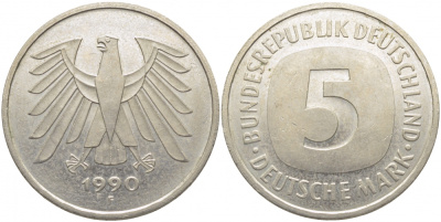 ФРГ 5 МАРОК 1990 F, J. 415, KM 140.1 медно-никель плакированный никелем 109-846