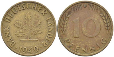 ФРГ 10 ПФЕННИГОВ 1949 D KM 103, J.378 сталь плакированная латунью 4402-252