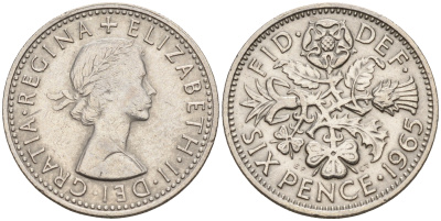 Великобритания 6 пенсов 1965 Елизавета II (1952-2022) KM 903, Spink 4149 медно-никель    4152-1213