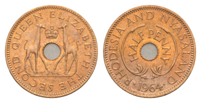 Родезия и Ньясаленд 1/2 пенса 1964 Елизавета II (1952-2022), жирафы KM  1 бронза  UNC  4640-869