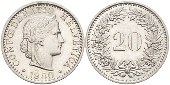 Швейцария 20 раппенов 1980 KM 29a медно-никель 55-1011