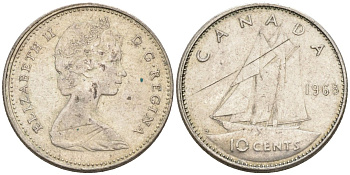 Канада 10 центов 1968 Елизавета II (1952-2022), парусник KM 72 серебро 4594-364