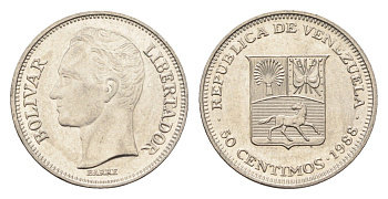 Венесуэла 50 сентимо 1988 Симон Боливар Y 41a сталь плакированная никелем aUNC 4664-656