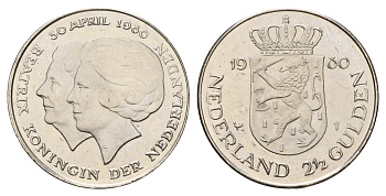 Нидерланды 2 1/2 гульдена 1980 коронация Беатрикс, 30 апреля 1980 KM 201 никель 4683-823