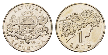 Латвия 1 лат 2006 Дубовый венок KM 73 медно-никель UNC 4644-962