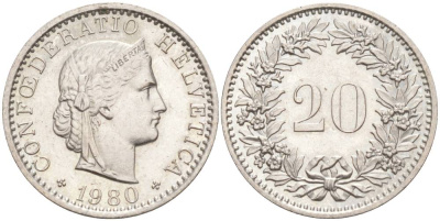 Швейцария 20 раппенов 1980 KM 29a медно-никель 55-1011