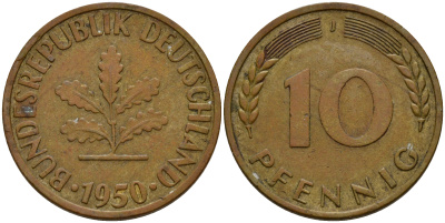 ФРГ 10 пфеннигов 1950 J KM 108, J.383 сталь плакированная латунью    4601-843