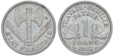 ФРАНЦИЯ 1 ФРАНК 1943 LB, ТИП LEGERE, ПРАВИТЕЛЬСТВО ВИШИ KM 902.1, LE FRANC 223.3 алюминий 45-746