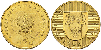 Польша 2 злотых 2004 MW, серия польские воеводства, Лодзинское воеводство KM 487 нордик 4589-514