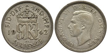Великобритания 6 пенсов 1942 Георг VI (1936-1952) KM 852, Spink 4084 серебро 4538-452
