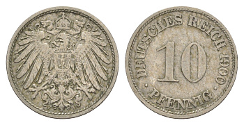 Германия 10 пфеннигов 1900 F, Вильгельм II (1888-1918) KM 12, J. 13 медно-никель 4644-1154