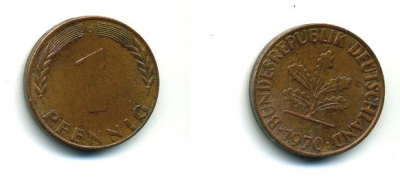 ФРГ 1 ПФЕННИГ 1970 G KM 105, J 380 сталь плакированная медью 46-133