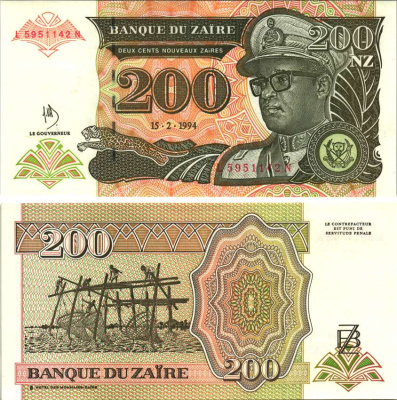 Заир 200 заиров 1994 Мобуту Сесе Секо в военной форме, рыболовная пристань, Hotel des Monnaies Pick 61 а бумага UNC (пресс) 000-00-00