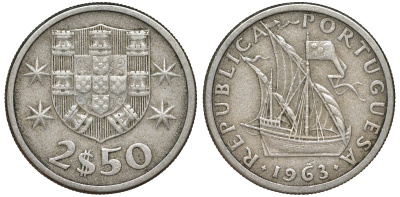 Португалия 2,5 эскудо 1963 парусник KM 590 медно-никель 51-4142