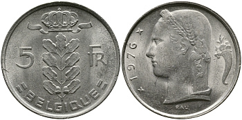 БЕЛЬГИЯ 5 ФРАНКОВ 1976 BELGIQUE KM 134.1 медно-никель 98-651