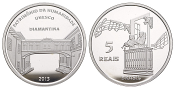 Бразилия 5 реалов 2013 ЮНЕСКО - Диамантина, тираж 10.000 экземпляров, в оригинальной коробке, с сертификатом KM 684 серебро  PROOF  3-6-1-04