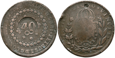 БРАЗИЛИЯ, ICO 40 РЕЙС 1835 НАДЧЕКАНКА НА 80 РЕЙСАХ 1825 R KM 441.1 медь 4386-513