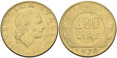 Италия 200 лир 1978 R, шестерня KM 105 алюминиевая бронза 86-1622