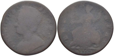 Великобритания 1/2 пенни 1753 Георг III (1727-1760) KM 759.2, Spink 3719 медь 111-821