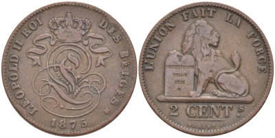 БЕЛЬГИЯ 2 САНТИМА 1875 BELGES KM 35.1 медь 4448-713