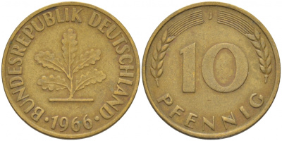 ФРГ 10 ПФЕННИГОВ 1966 J KM 108, J.383 сталь плакированная латунью 3718-733