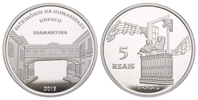 Бразилия 5 реалов 2013 ЮНЕСКО - Диамантина, тираж 10.000 экземпляров, в оригинальной коробке, с сертификатом KM 684 серебро  PROOF  3-6-1-04