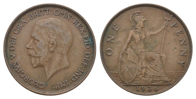 Великобритания 1 пенни 1936 Георг V (1910-1936) KM 838, Spink 4055 бронза 4661-742