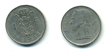 БЕЛЬГИЯ 1 ФРАНК 1951 BELGIQUE KM 142.1 медно-никель 57-441