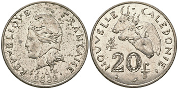 Французская Новая Каледония 20 франков 2002 три быка, (IEOM) KM 12, Schoen 14, Lec 115f никель 81-513