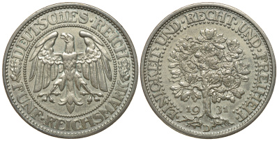 ГЕРМАНИЯ 5 МАРОК 1931 D - ДУБ, цена по каталогу МТ 300 евро J. 331, KM 56 серебро aUNC 00-128-33