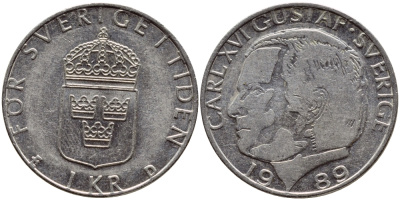 Швеция 1 крона 1989 Карл XVI Густав (1973- ) KM 852a медно-никель 4398-1214