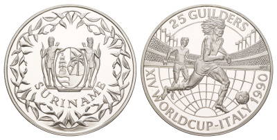 Суринам 25 гульденов 1990 Чемпионат мира по футболу 1990, Италия KM 32 серебро PROOF 1083-2-44