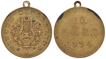 Австрия жетон с ушком венское певческое общество, 10 марта 1891 KM желтый металл 4121-534