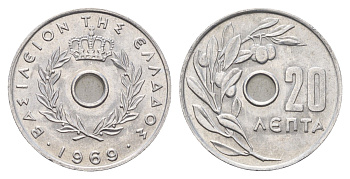 Греция 20 лепт 1969 Павел I (1947-1964), оливковая ветвь KM 79 алюминий 4670-115
