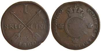 Швеция 1 скиллинг 1820 Карл XIV Юхан (1818-1844) KM 597 медь 413-5222