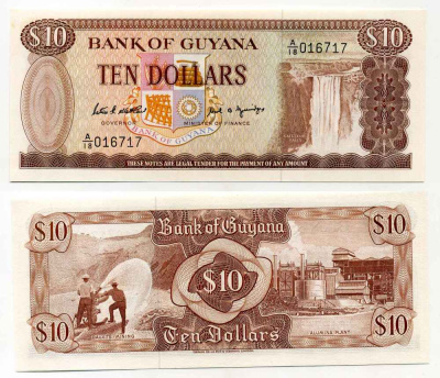 ГАЙАНА 10 ДОЛЛАРОВ 1989 ПОДПИСЬ 7, ВОДОПАД КАЙЕТУР Pick 23d бумага UNC (ПРЕСС) 8589-40-1-2