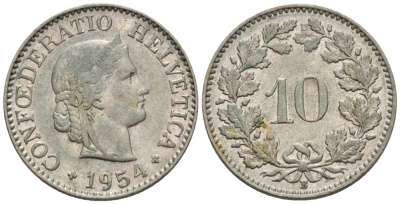 Швейцария 10 раппенов 1954 В KM 27 медно-никель 4576-946