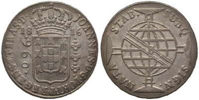 Бразилия 960 рейс 1816 B, монетный двор Бахия (Bahia), перечекан, патина, Жоао принц-регент (1799-1818) KM 307.1 серебро 00-817-64