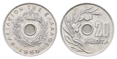 Греция 20 лепт 1969 Павел I (1947-1964), оливковая ветвь KM 79 алюминий 4670-115