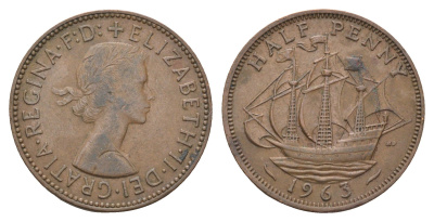Великобритания 1/2 пенни 1963 Елизавета II (1952-2022) KM 896, Spink 4158 бронза    4660-644